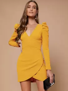 BizChic Solid Gigot Sleeve Dress Workwear - Yellow - View 1