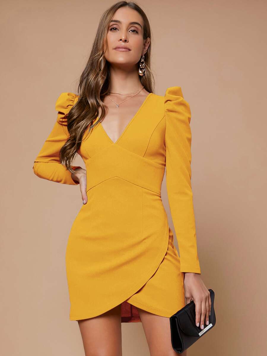 BizChic Solid Gigot Sleeve Dress Workwear - Yellow - View 1