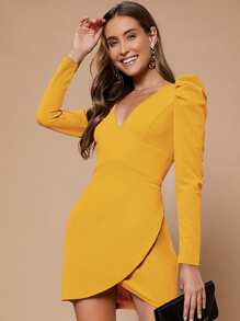 BizChic Solid Gigot Sleeve Dress Workwear - Yellow - View 5