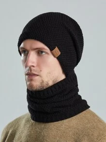 Men's New Winter Casual Fleece Warm Knitted Pullover Hat - Black - View 1