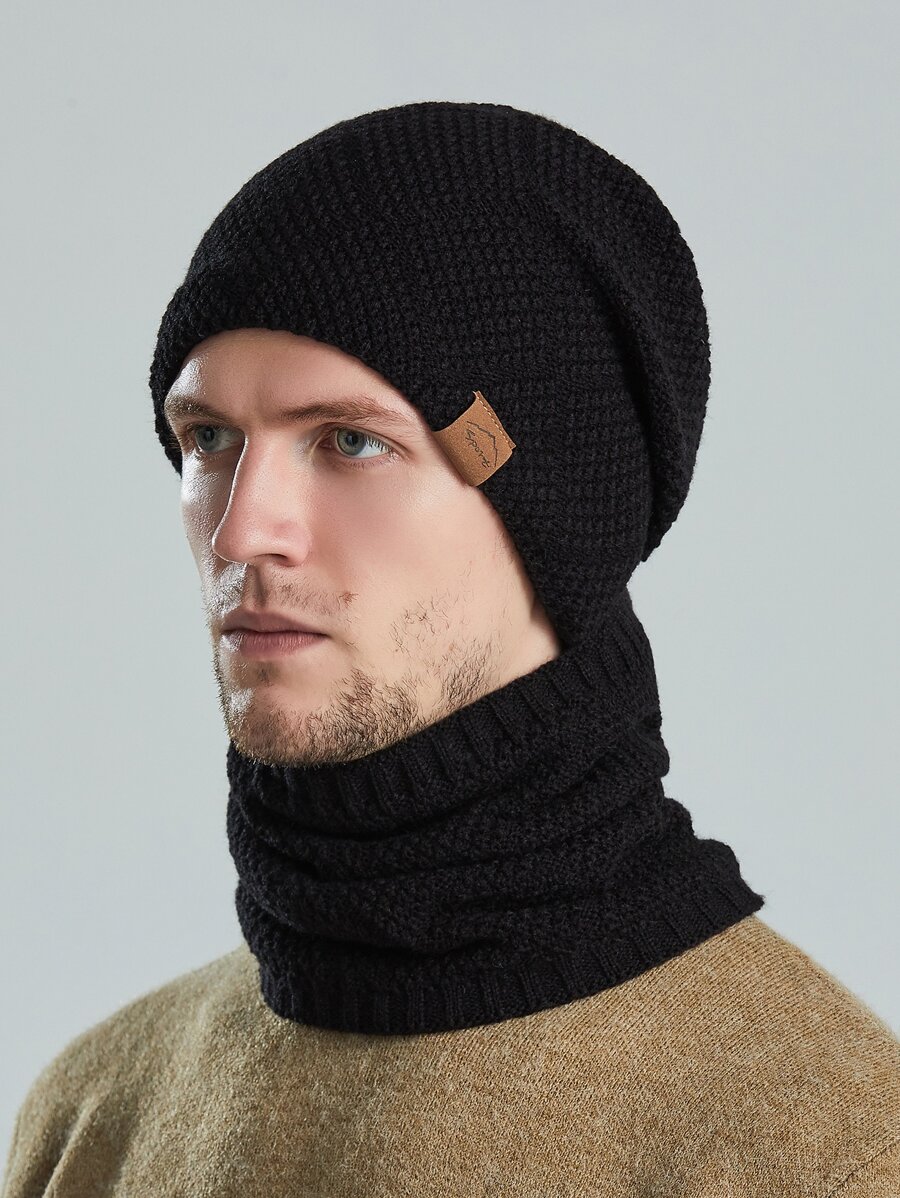 Men's New Winter Casual Fleece Warm Knitted Pullover Hat - Black - View 1