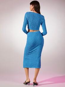 SHEIN BAE Textured Square Neck Crop Top & Split Hem Skirt - Blue - View 3