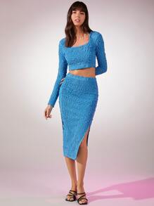 SHEIN BAE Textured Square Neck Crop Top & Split Hem Skirt - Blue - View 2