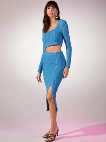 SHEIN BAE Textured Square Neck Crop Top & Split Hem Skirt - Blue - View 5