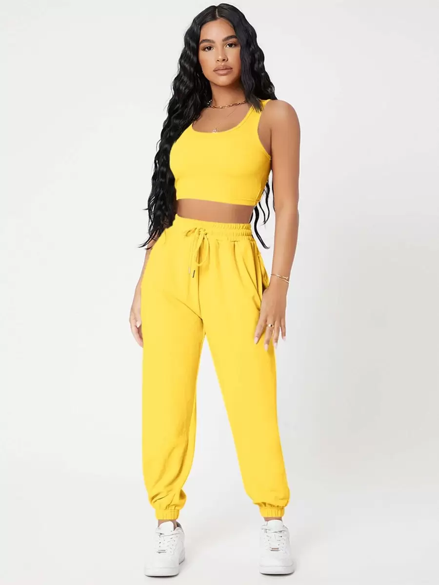 SHEIN PETITE Solid Crop Tank Top And Joggers Set - Yellow - View 1