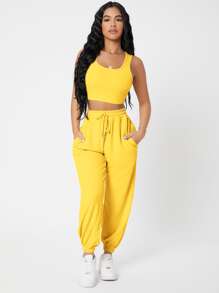 SHEIN PETITE Solid Crop Tank Top And Joggers Set - Yellow - View 3