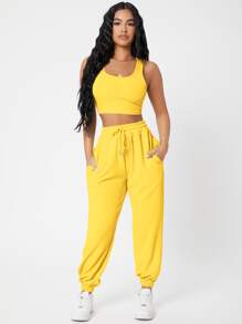 SHEIN PETITE Solid Crop Tank Top And Joggers Set - Yellow - View 4