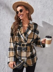 Plaid Lapel Neck Drop Shoulder Overcoat Without Belt - Multicolor - View 1