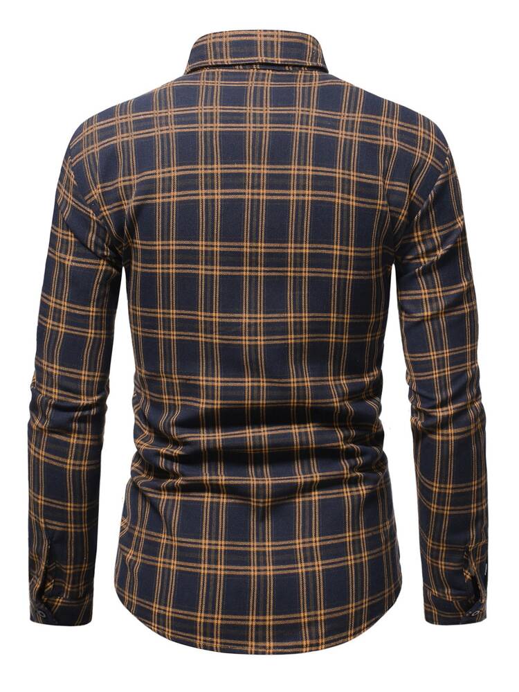 Men Casual Plaid Graphic Pocket Detail Button Through Loose Long Sleeve Collar Shirt, For Going Out, For Fall