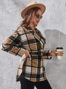 Plaid Lapel Neck Drop Shoulder Overcoat Without Belt - Multicolor - View 3