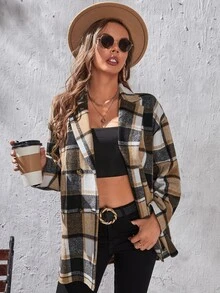 Plaid Lapel Neck Drop Shoulder Overcoat Without Belt - Multicolor - View 4