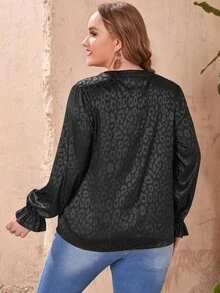 EMERY ROSE Plus Leopard Jacquard Flounce Sleeve Blouse - Black - View 2