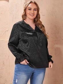 EMERY ROSE Plus Leopard Jacquard Flounce Sleeve Blouse - Black - View 3