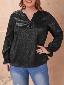EMERY ROSE Plus Leopard Jacquard Flounce Sleeve Blouse - Black - View 5