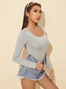 SHEIN PETITE Solid Scoop Neck Slim Spring Women Tee - Light Grey - View 3