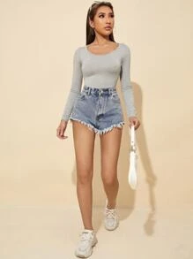 SHEIN PETITE Solid Scoop Neck Slim Spring Women Tee - Light Grey - View 4
