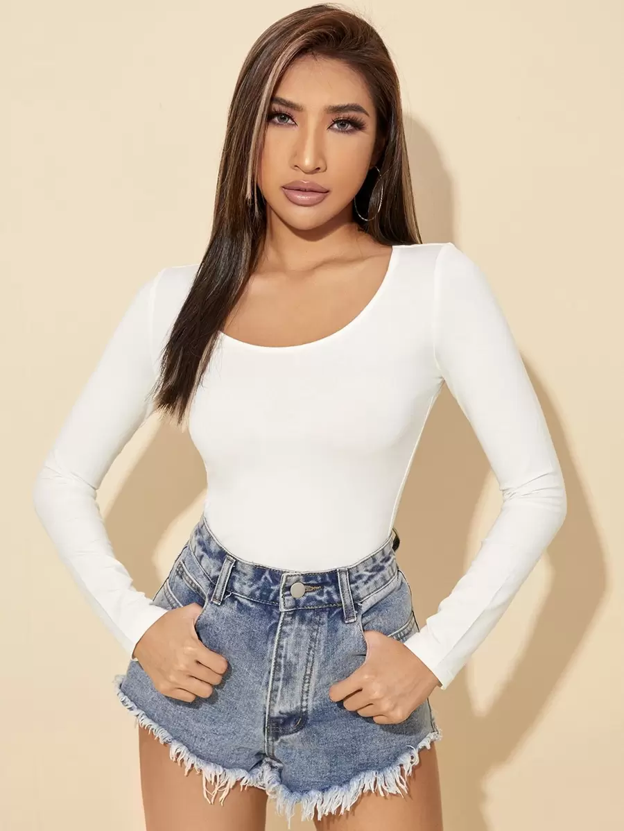 SHEIN PETITE Solid Scoop Neck Slim Spring Women Tee - White - View 1