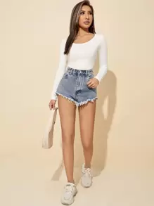 SHEIN PETITE Solid Scoop Neck Slim Spring Women Tee - White - View 3