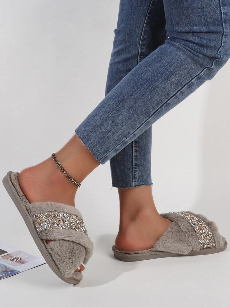 Glitter Decor Fluffy Slippers - Khaki - View 3