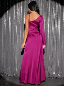 Vestido de fiesta de hombros asimétricos de muslo con abertura - Rojo violeta - Ver 2