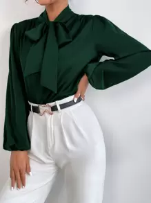 SHEIN BAE 缎面系带领口主教袖衬衫、长袖上衣 - 墨綠色 - 查看 4