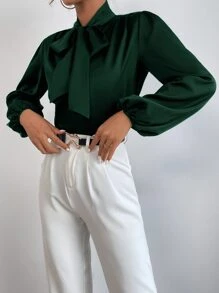 SHEIN BAE 缎面系带领口主教袖衬衫、长袖上衣 - 墨綠色 - 查看 5