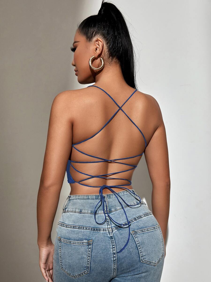SHEIN SXY Backless Lace Up Crop Cami Top - Royal Blue - View 1