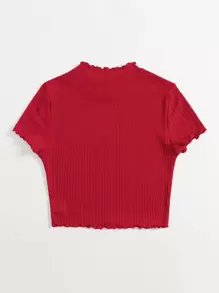 Muchica Heart Cutout Detail Lettuce Trim Wavy Edge Short Sleeves Summer Tee - Red - View 2