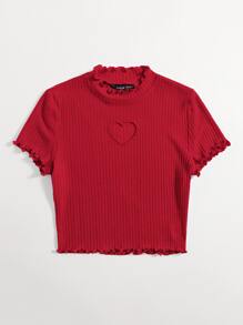 Muchica Heart Cutout Detail Lettuce Trim Wavy Edge Short Sleeves Summer Tee - Red - View 3
