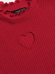 Muchica Heart Cutout Detail Lettuce Trim Wavy Edge Short Sleeves Summer Tee - Red - View 4