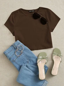 SHEIN EZwear Áo thun nữ Gân đan màu trơn Giải trí - Màu nâu Sô-cô-la - Xem 1