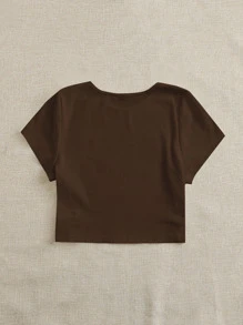 SHEIN EZwear Áo thun nữ Gân đan màu trơn Giải trí - Màu nâu Sô-cô-la - Xem 2