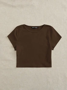 SHEIN EZwear Áo thun nữ Gân đan màu trơn Giải trí - Màu nâu Sô-cô-la - Xem 3