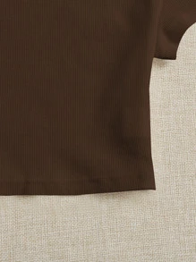 SHEIN EZwear Áo thun nữ Gân đan màu trơn Giải trí - Màu nâu Sô-cô-la - Xem 4