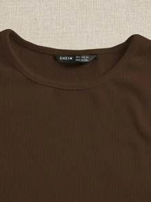 SHEIN EZwear Áo thun nữ Gân đan màu trơn Giải trí - Màu nâu Sô-cô-la - Xem 5