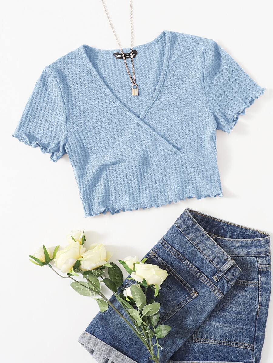 SHEIN Qutie 交疊領木耳邊T恤 - 淺藍色 - 查看 1