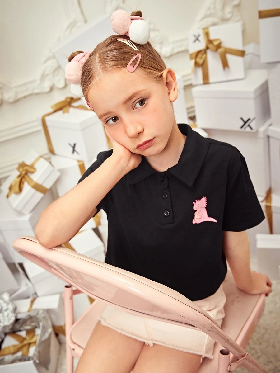 StarrifyStudio 女孩卡通恐龍圖案短款T恤 - 黑色 - 查看 1