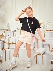 StarrifyStudio 女孩卡通恐龍圖案短款T恤 - 黑色 - 查看 6