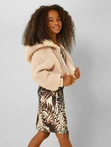 SHEIN Girls Zip Up Hooded Teddy Jacket - Apricot - View 3