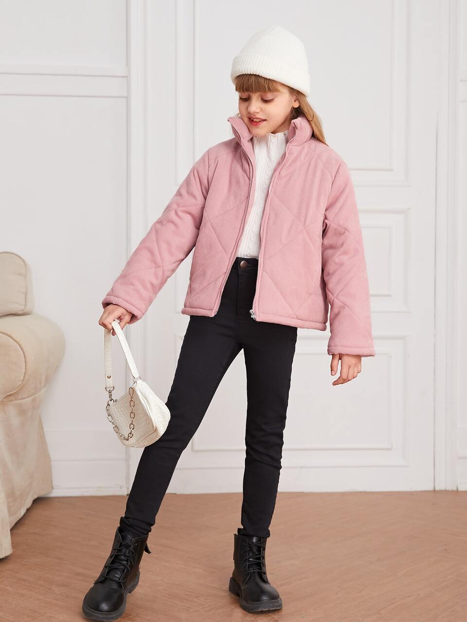 Girls Zip Up Corduroy Quilted Coat