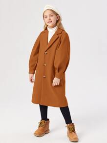 SHEIN 女孩西裝領單排釦花呢外套 - 鏽棕色 - 查看 4