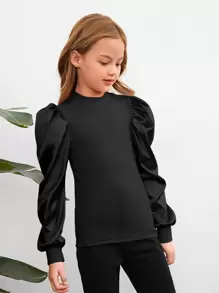 SHEIN Leap Crew Camiseta de manga abullonada de unicolor informal para niñas preadolescentes, primavera y otoño - Negro - Ver 4