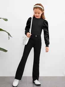 SHEIN Leap Crew Camiseta de manga abullonada de unicolor informal para niñas preadolescentes, primavera y otoño - Negro - Ver 5