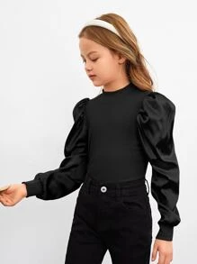 SHEIN Leap Crew Camiseta de manga abullonada de unicolor informal para niñas preadolescentes, primavera y otoño - Negro - Ver 6