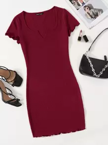 SHEIN EZwear Notched Neck Lettuce Trim Rib-knit Bodycon Dress - Burgundy - View 1