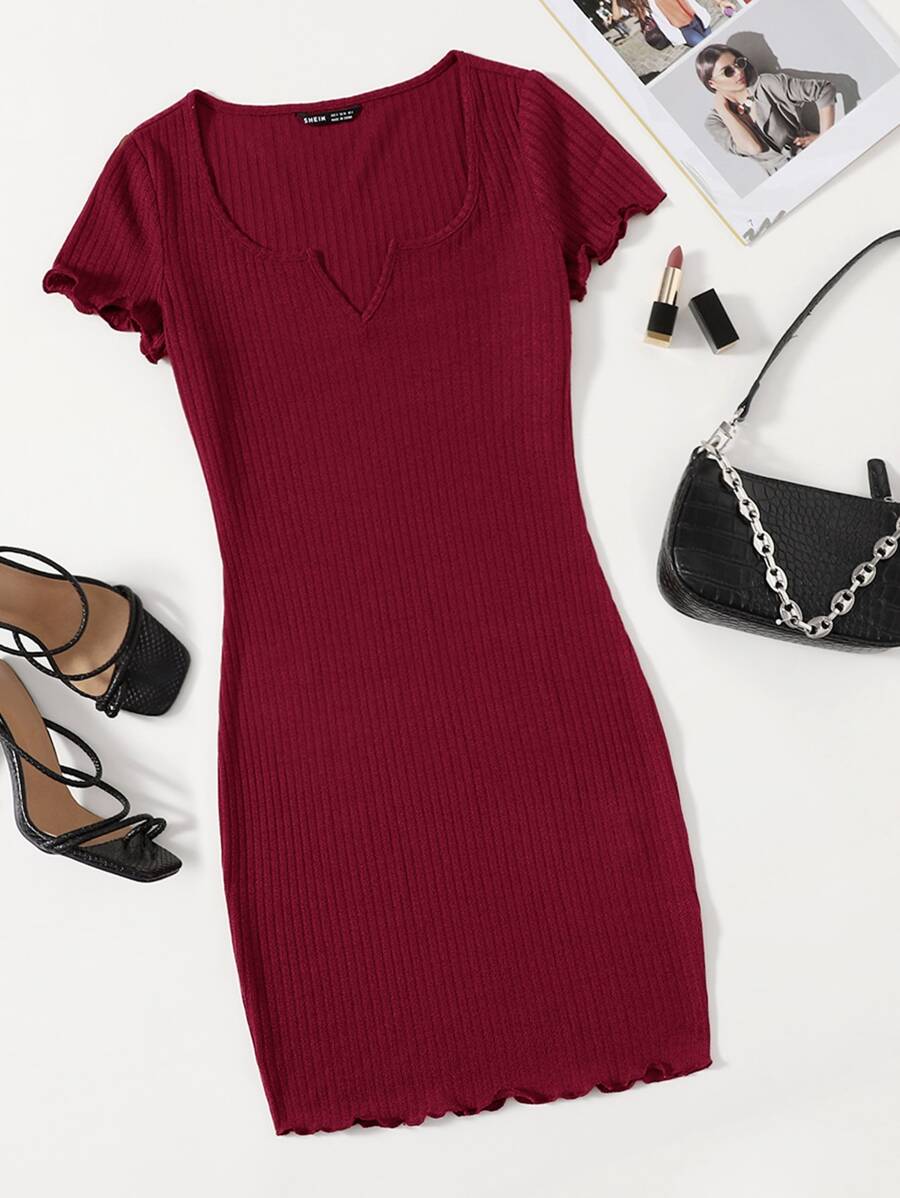 SHEIN EZwear Notched Neck Lettuce Trim Rib-knit Bodycon Dress - Burgundy - View 1