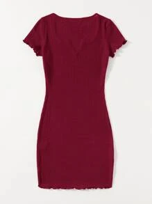 SHEIN EZwear Notched Neck Lettuce Trim Rib-knit Bodycon Dress - Burgundy - View 2