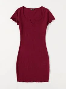SHEIN EZwear Notched Neck Lettuce Trim Rib-knit Bodycon Dress - Burgundy - View 3