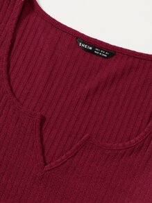 SHEIN EZwear Notched Neck Lettuce Trim Rib-knit Bodycon Dress - Burgundy - View 5