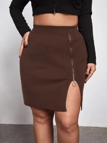 SHEIN Privé Plus Zipper Detail Split Hem Knit Skirt - Chocolate Brown - View 1